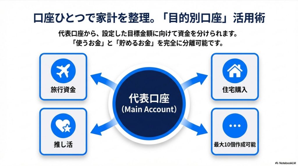 最大10個まで作成可能な目的別口座で貯金を自動管理する「貯まる仕組み」のイメージ