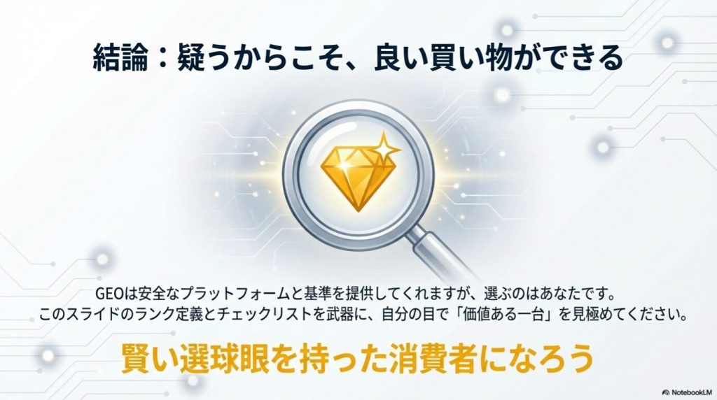 疑いを持って慎重に選ぶことで後悔しない中古PC選びができることを示すまとめ画像