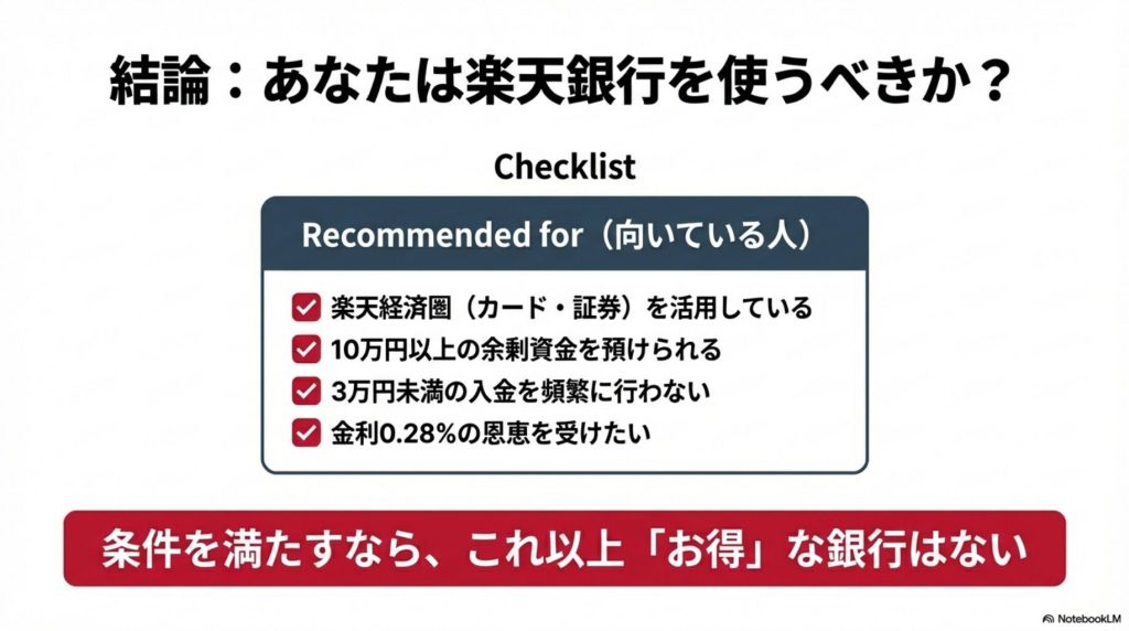 楽天銀行が向いている人と避けるべき人の判断基準のまとめ図