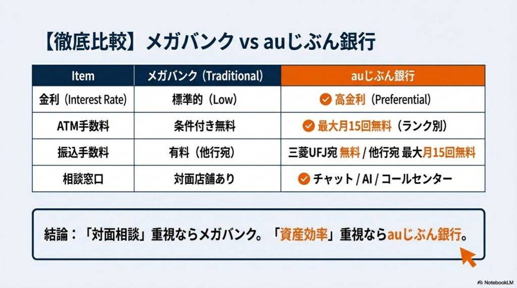 メガバンクとauじぶん銀行の使い分けポイントをまとめた最終比較リスト。