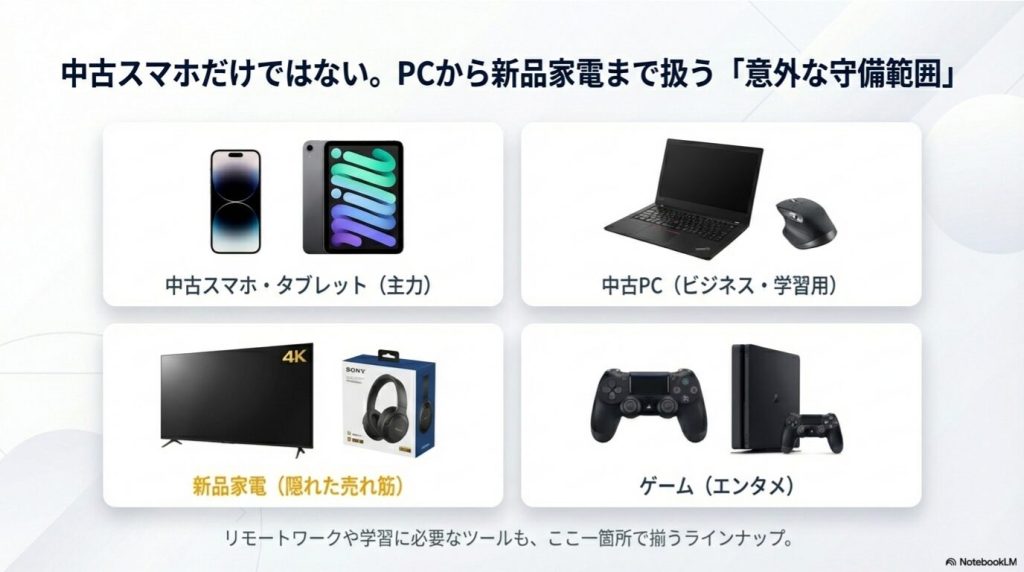 ゲオで取り扱っている中古スマホ、タブレット、PC、周辺機器のカテゴリー一覧イメージ