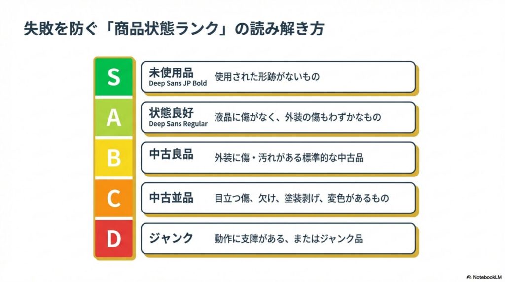 ゲオ独自の中古品状態ランク（S・A・B・C・D）の定義と選び方を説明するイメージ図
