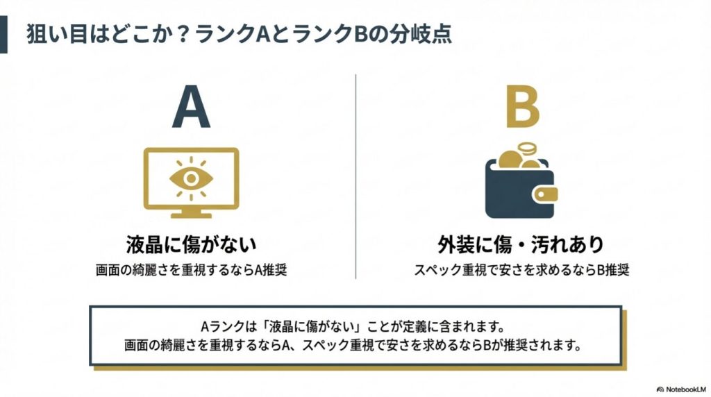 中古PCの液晶画面や外装のキズ、汚れの許容範囲をチェックしているイメージ