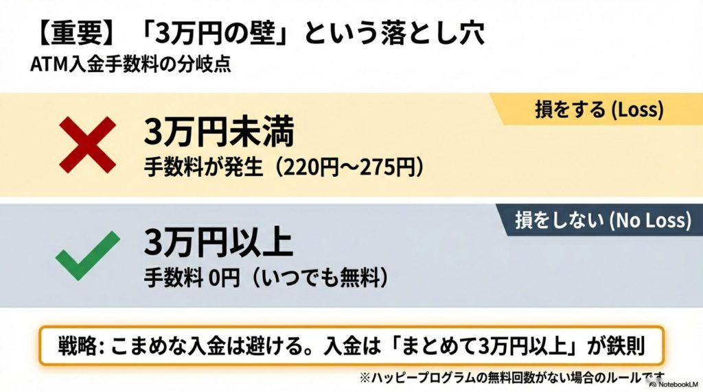 楽天銀行のATM手数料が発生する3万円未満の入金に関する注意点