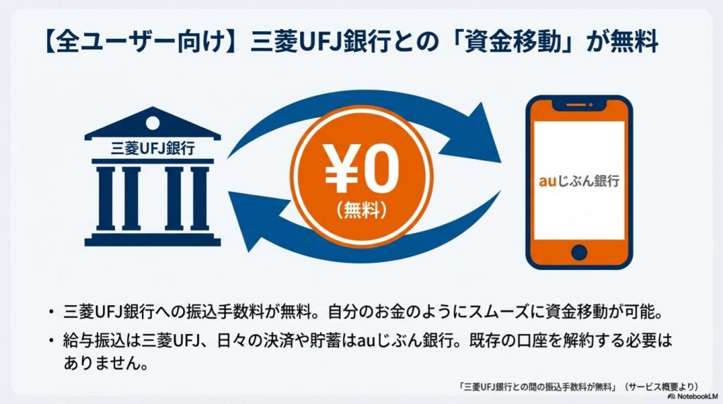 auじぶん銀行から三菱UFJ銀行の本支店宛振込手数料が何度でも無料になる特典の図解