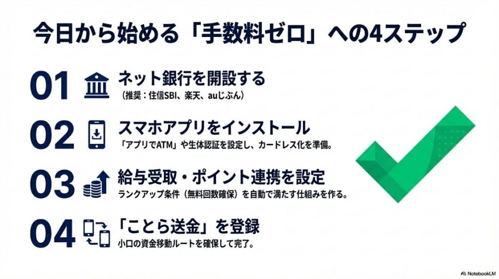 銀行手数料ゼロを最短2ヶ月で実現するための4ステップ手順チェックリスト