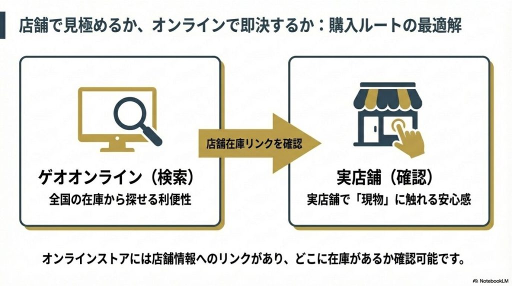 実店舗での現物確認と、全国の在庫が探せるオンラインストアの使い分けイメージ
