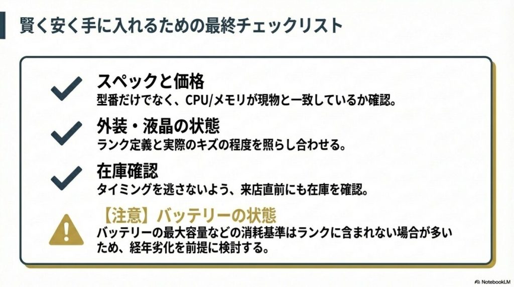 ゲオで中古PCを購入する前に確認すべきスペックと価格の最終チェックリスト。