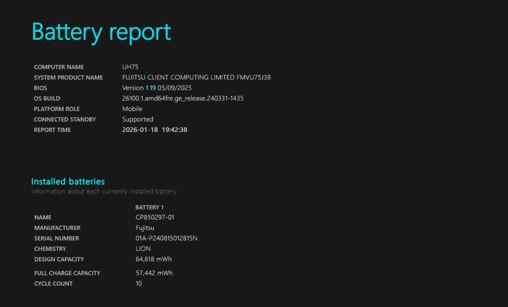 Windowsのバッテリーレポート画面。LIFEBOOK UH75/J3のバッテリー残量が88%であることを示す画像